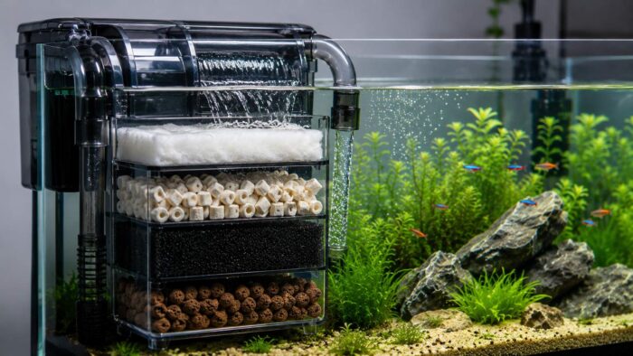 Hang-on-back aquarium filter with its media compartments visible, showing floss, ceramic rings, sponge and bio media
