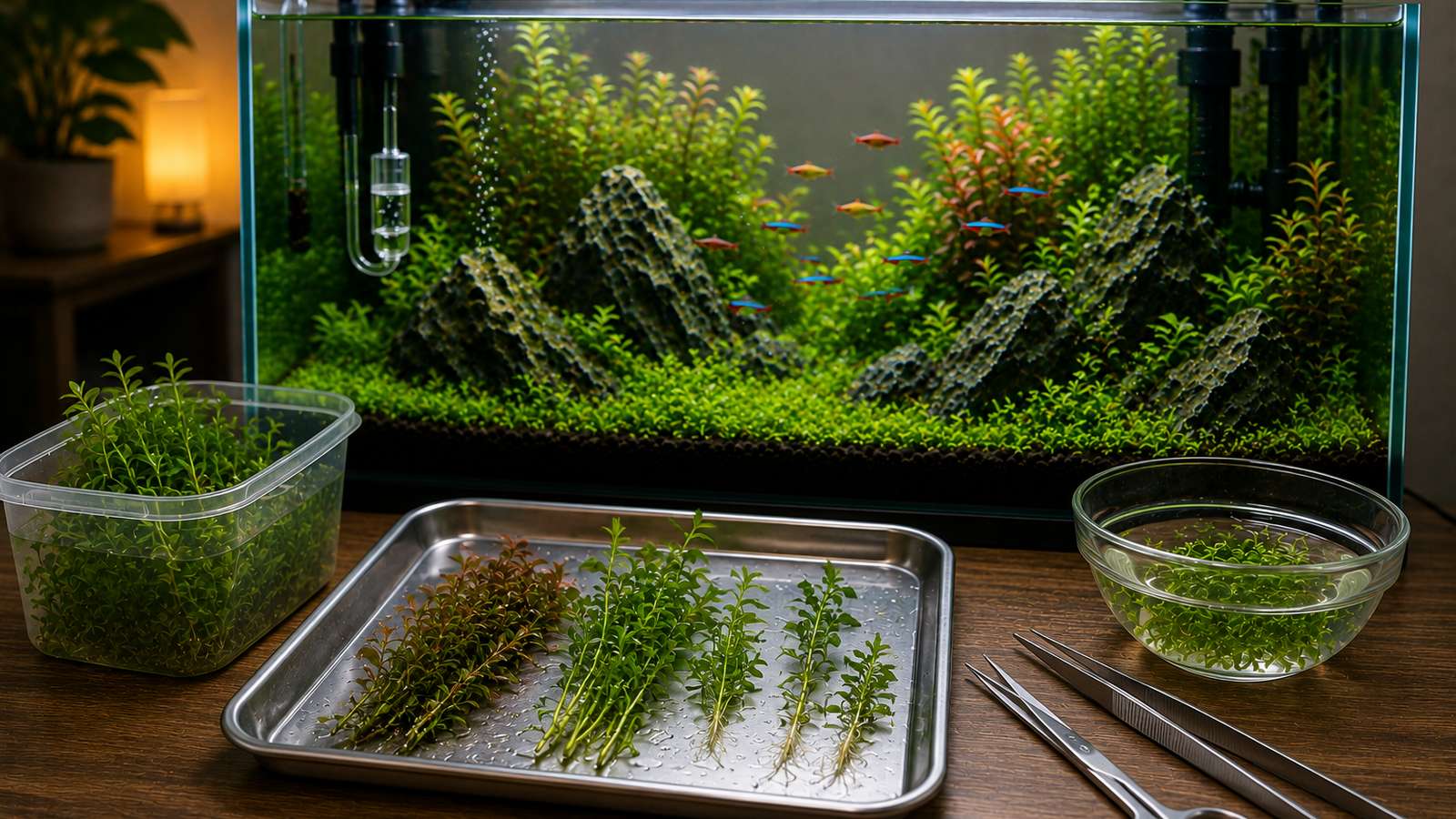 Aquarium plants laid out on a tray with tweezers and scissors, prepared for planting beside a planted tank