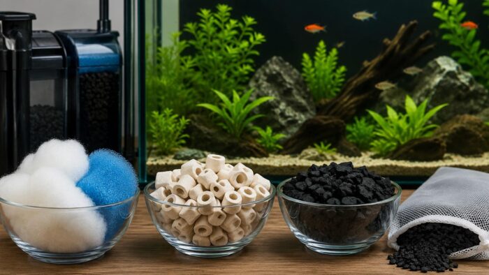 Aquarium filter media including sponge, ceramic rings and filter floss arranged by type