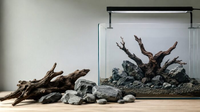 Aquascape hardscape of driftwood and dragon stone arranged before planting and filling