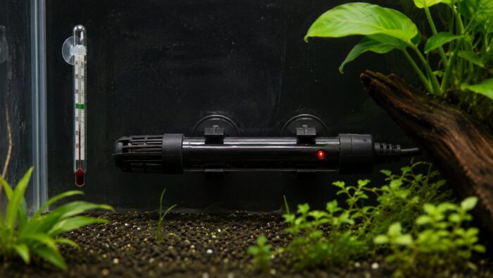 Submersible aquarium heater mounted on the back glass with its indicator light on, beside a separate glass thermometer