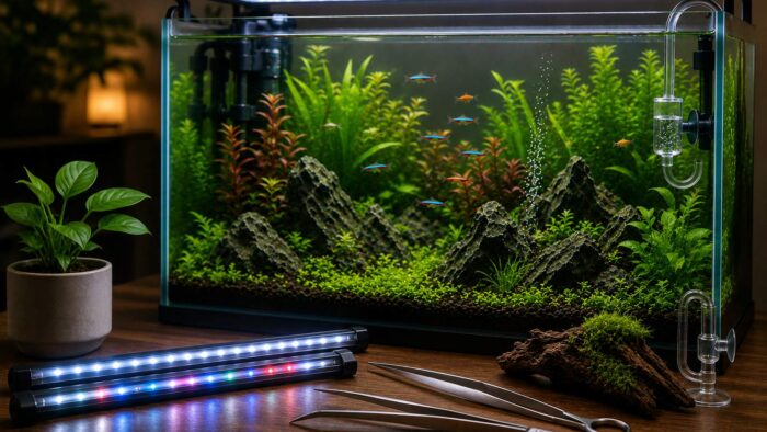Two LED aquarium light bars on a desk beside a planted aquarium, one showing white output and one showing full spectrum