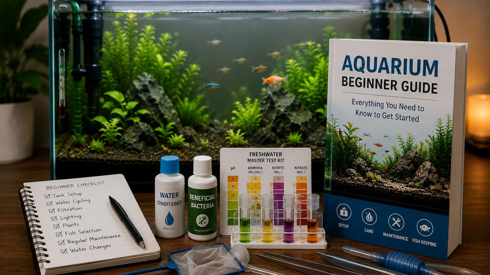 Beginner aquarium setup checklist, water conditioner, beneficial bacteria and a water test kit in front of a new planted tank