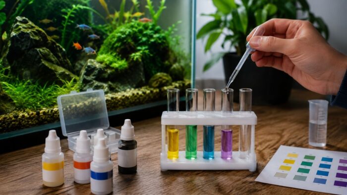 Hand holding a test tube of aquarium water against a printed colour comparison chart
