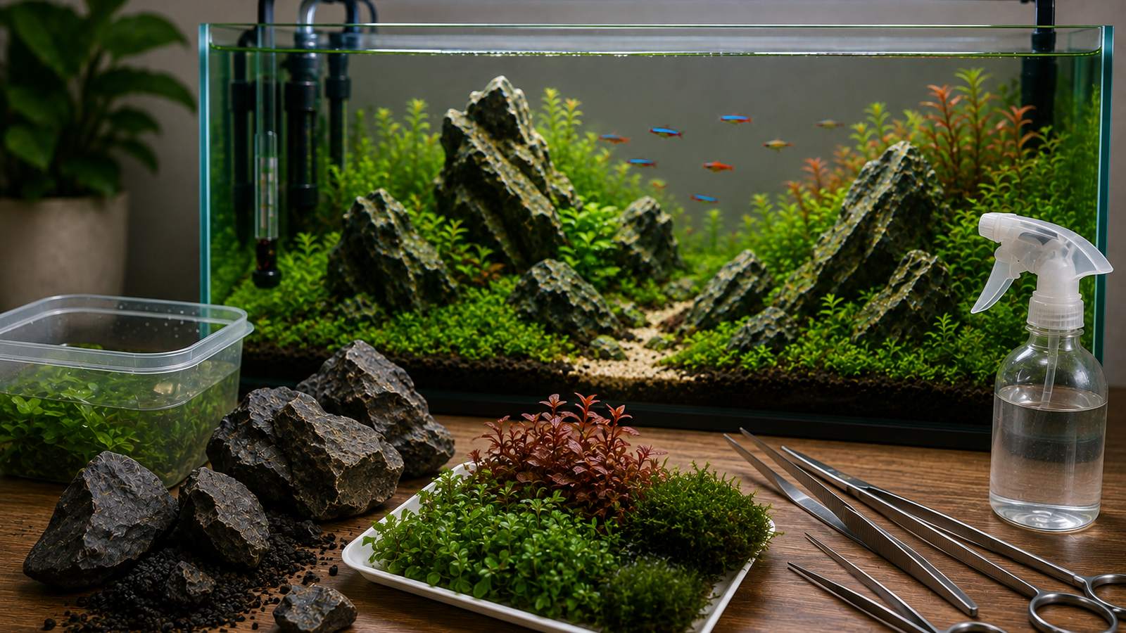Aquascaping materials laid out before planting, with dragon stone, aquasoil, a tray of carpeting plants and aquascaping tools