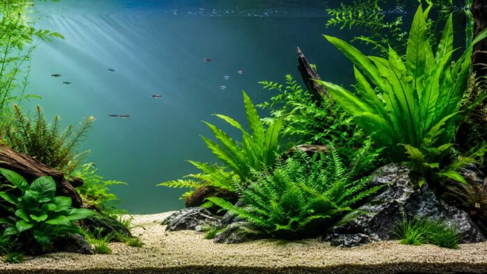 Beginner-friendly aquarium plants including anubias and amazon sword in a planted tank