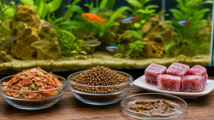 Flake, pellet, freeze-dried and frozen aquarium foods arranged side by side for comparison
