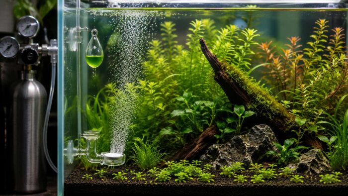 Pressurised CO2 system with a glass diffuser releasing fine bubbles and a green drop checker in a planted aquarium