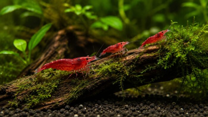 Three red cherry shrimp grazing along a moss-covered piece of driftwood in a planted aquarium