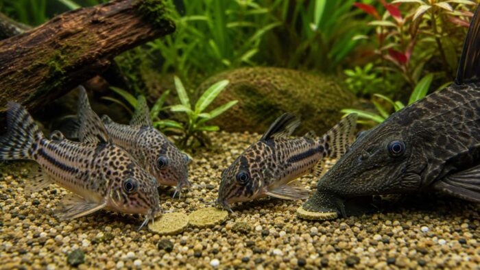 Corydoras catfish and a pleco feeding on a sinking wafer at the base of an aquarium