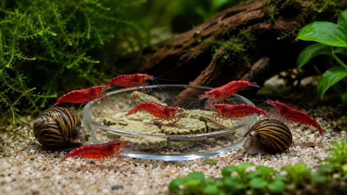 Red cherry shrimp and two nerite snails gathered around a glass feeding dish holding an algae wafer on aquarium sand