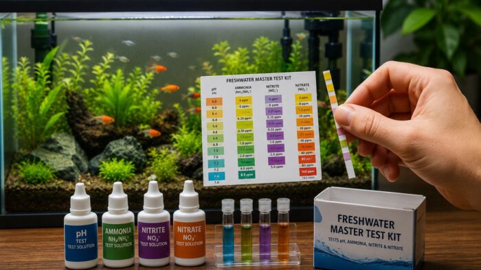 Freshwater aquarium test kit with pH, ammonia, nitrite and nitrate reagents, filled test tubes and a colour comparison chart