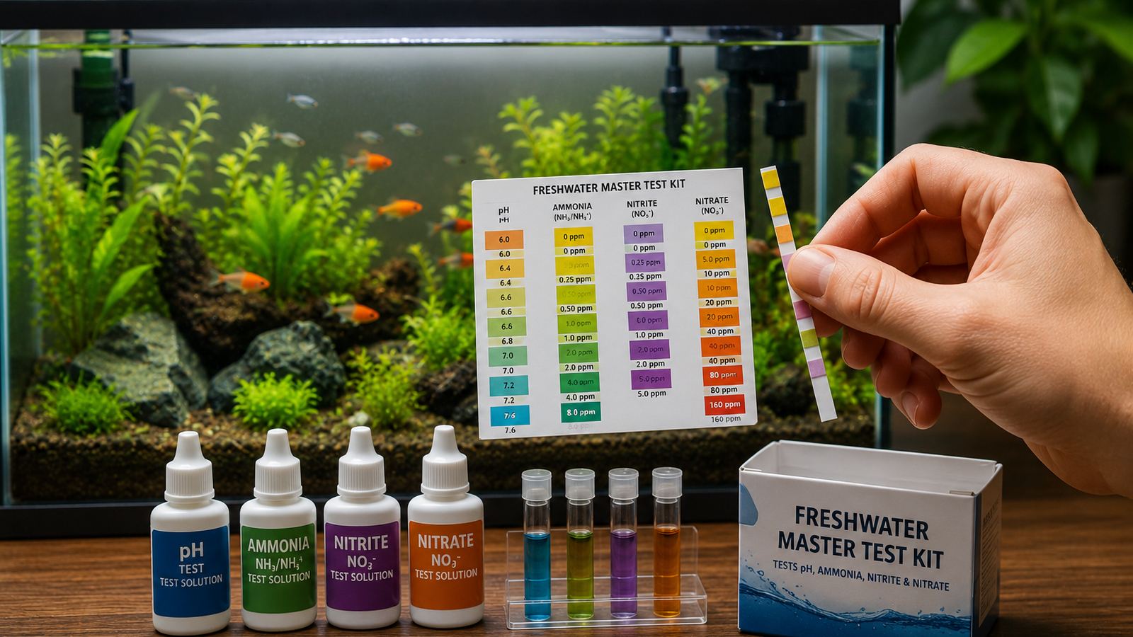 Freshwater aquarium test kit with pH, ammonia, nitrite and nitrate reagents, filled test tubes and a colour comparison chart