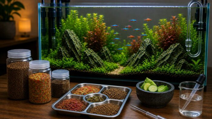 Aquarium fish foods compared in a tray with flakes, pellets, bloodworms and blanched vegetables beside a planted tank