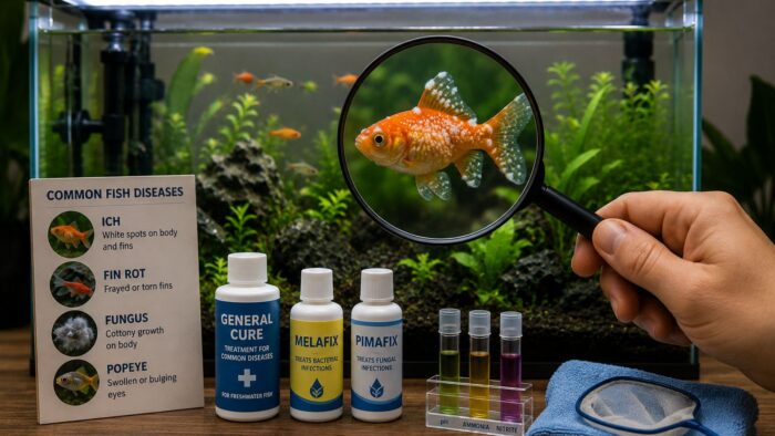 Aquarium fish examined through a magnifying glass showing white spot disease, beside treatment bottles and a test kit