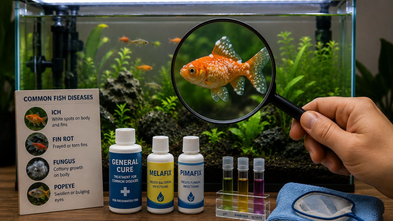 Aquarium fish examined through a magnifying glass showing white spot disease, beside treatment bottles and a test kit