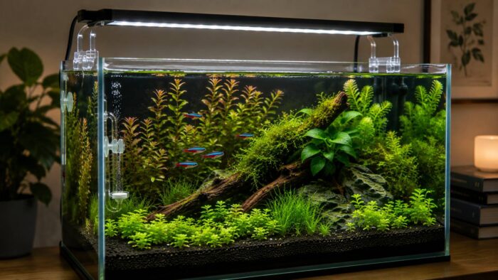 Planted freshwater aquarium with a small shoal of neon tetras swimming among stem plants and driftwood