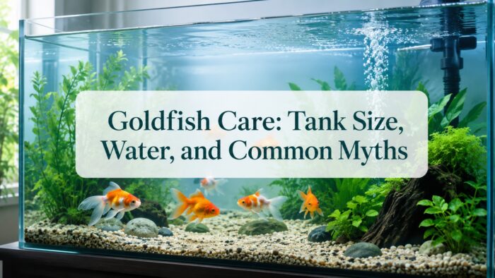 Two fancy goldfish swimming in a large aquarium with smooth gravel and open swimming space