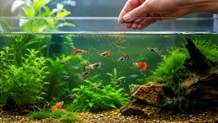 Aquarium fish rising to the surface to take a small portion of floating flake food