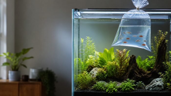 New aquarium fish being drip acclimated in a container beside the display tank