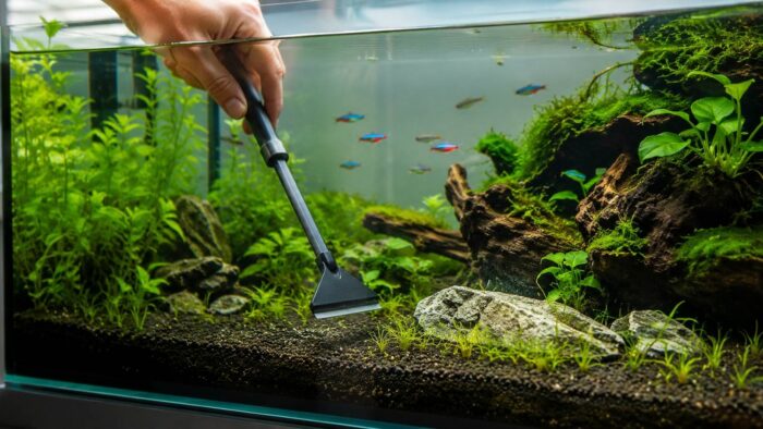 Algae scraper cleaning the inside front glass of a freshwater aquarium