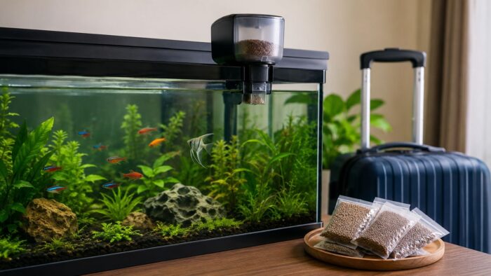 Automatic aquarium fish feeder mounted on the rim of a home aquarium