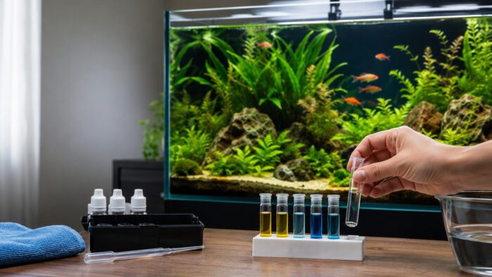 Aquarium test results showing an ammonia reading alongside a water change in progress