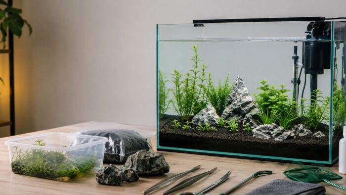 Newly set up freshwater aquarium with substrate, heater and filter installed before adding fish