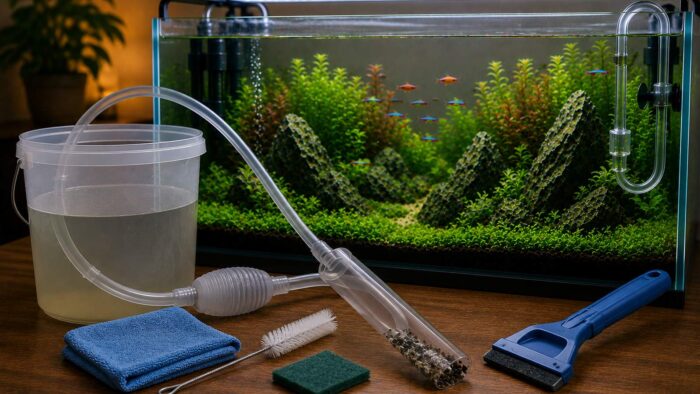Aquarium maintenance tools laid out with a gravel vacuum siphon draining into a bucket beside a planted tank