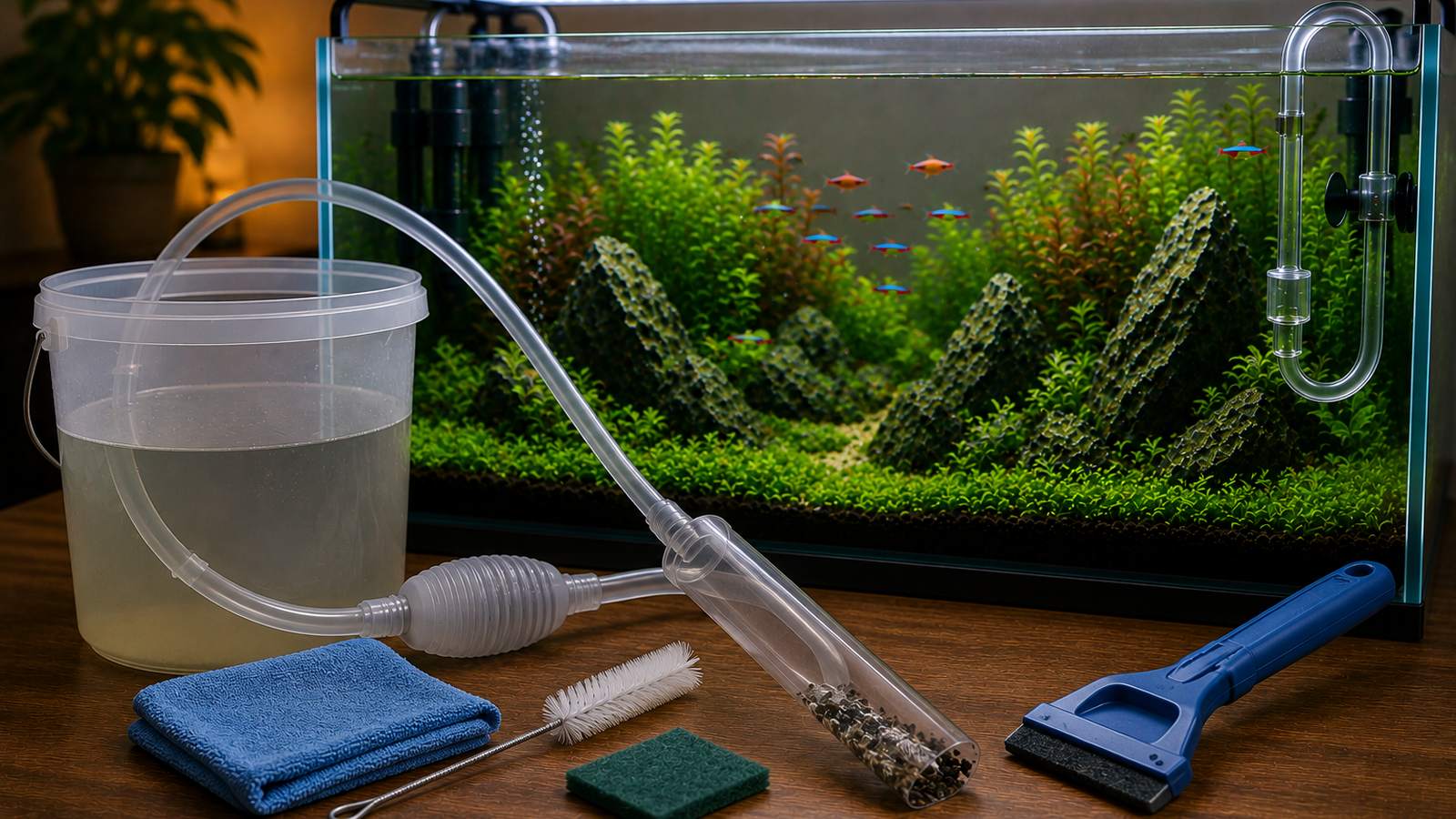 Aquarium maintenance tools laid out with a gravel vacuum siphon draining into a bucket beside a planted tank