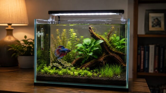 Small planted nano aquarium on a desk with a single betta, driftwood and low carpeting plants