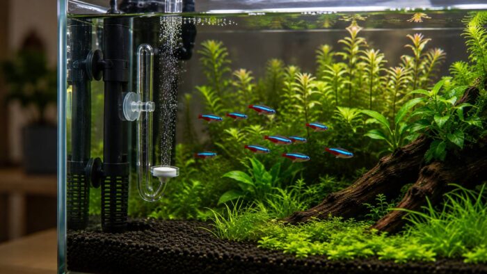 Shoal of neon tetras with blue and red stripes swimming together past a CO2 diffuser in a planted aquarium
