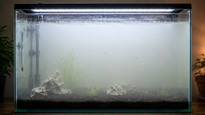 New aquarium with visibly cloudy white water during a bacterial bloom, sparse plants and a few fish barely visible