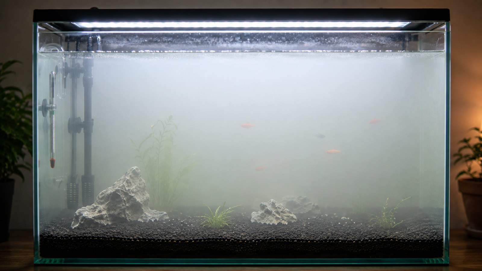 New aquarium with visibly cloudy white water during a bacterial bloom, sparse plants and a few fish barely visible