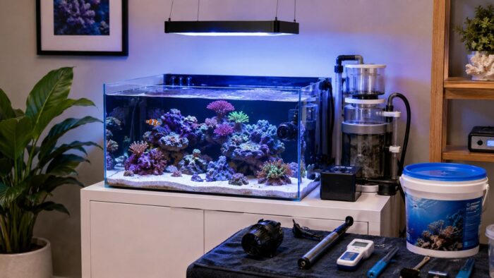 Marine aquarium sump with a protein skimmer, return pump and filter socks in operation