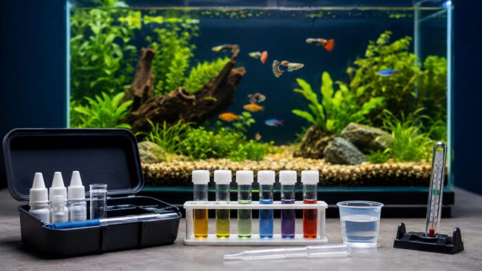 Liquid test kit vials showing ammonia, nitrite, nitrate and pH results against a colour chart