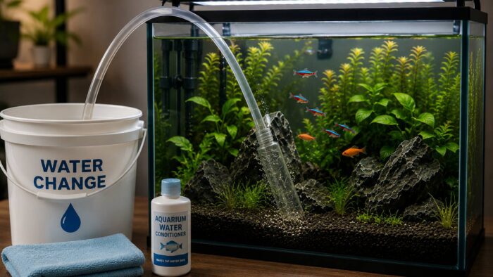 Water change bucket and a bottle of aquarium water conditioner beside a planted tank with a siphon running
