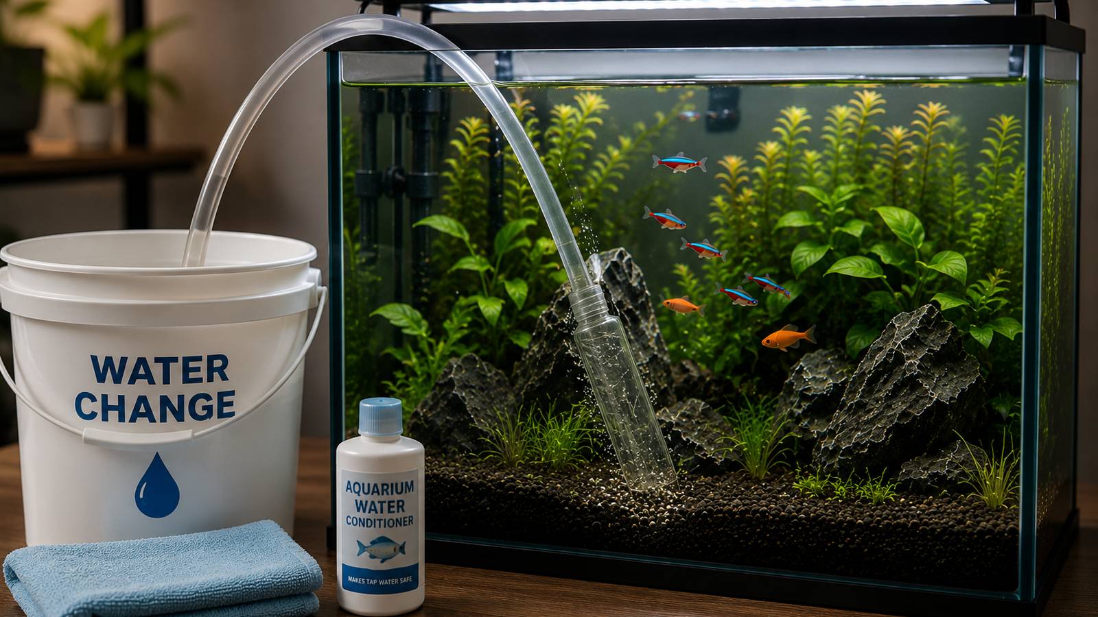 Water change bucket and a bottle of aquarium water conditioner beside a planted tank with a siphon running