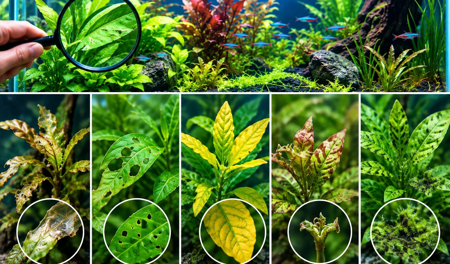 Aquarium plant problems showing melting leaves, holes, yellowing, stunted growth, and algae on leaves