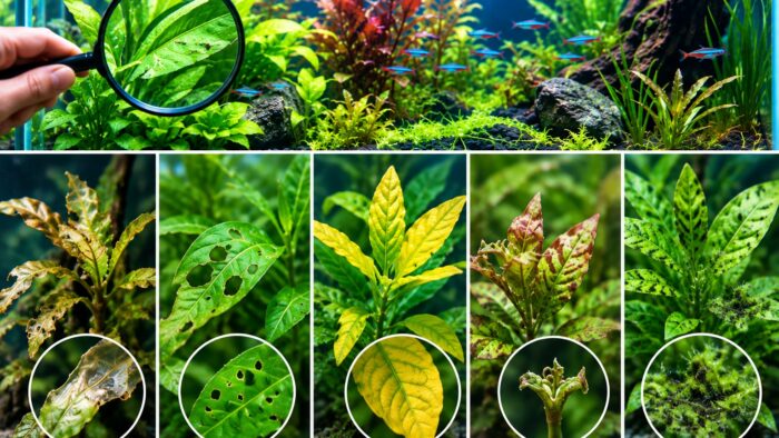 Aquarium plant problems showing melting leaves, holes, yellowing, stunted growth, and algae on leaves