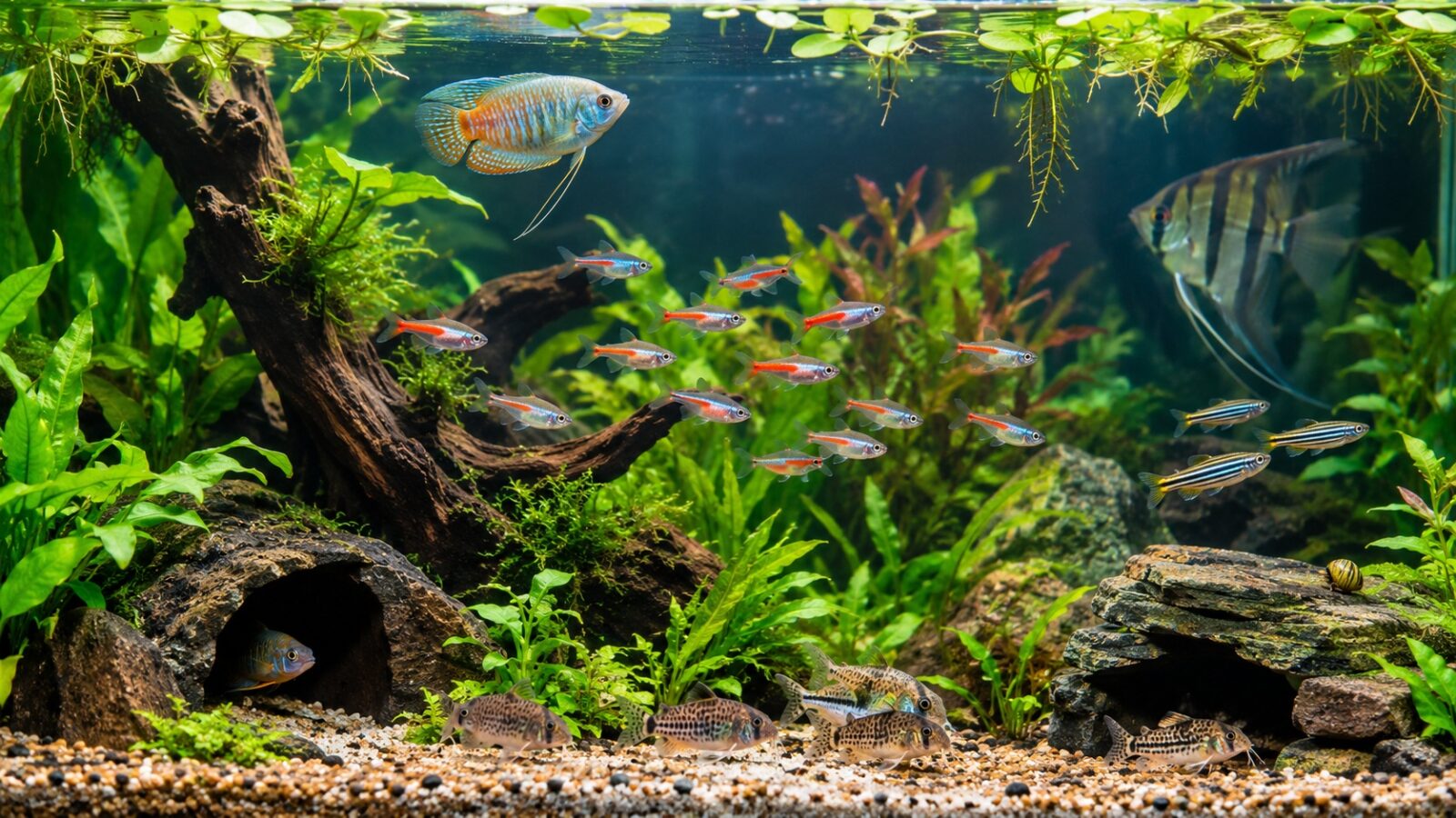 Peaceful community aquarium showing gourami, rasboras and corydoras in a planted tank with driftwood, caves and floating plants demonstrating fish compatibility and natural behavior
