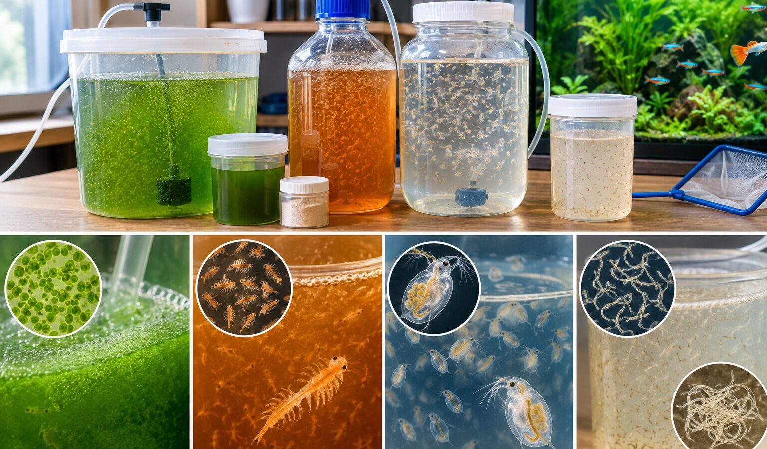 Home aquarium live food cultures showing brine shrimp, daphnia, microworms, and culture containers
