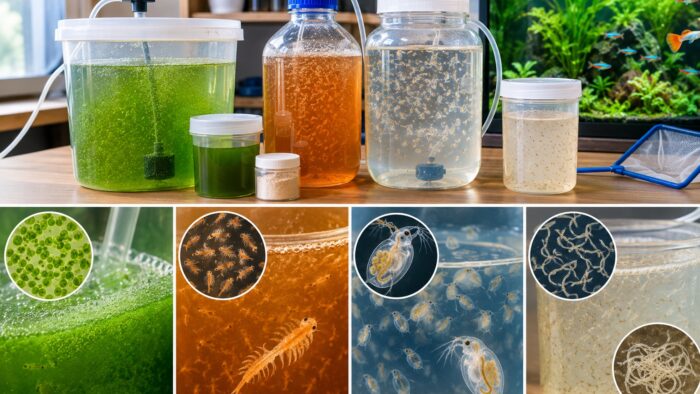 Home aquarium live food cultures showing brine shrimp, daphnia, microworms, and culture containers