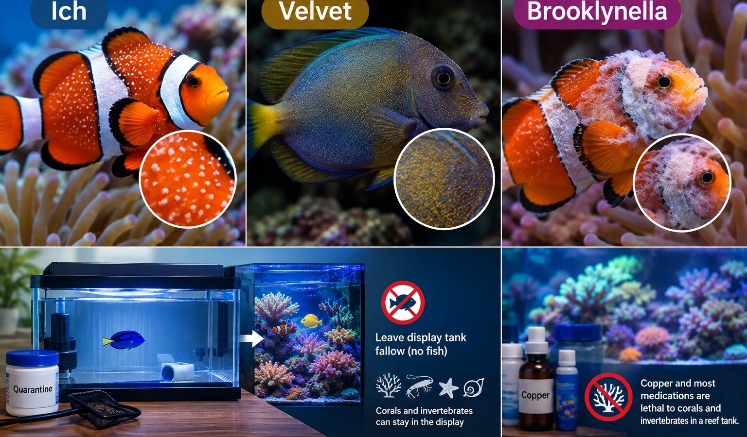 Marine fish showing symptoms of ich, velvet, and Brooklynella in a reef aquarium