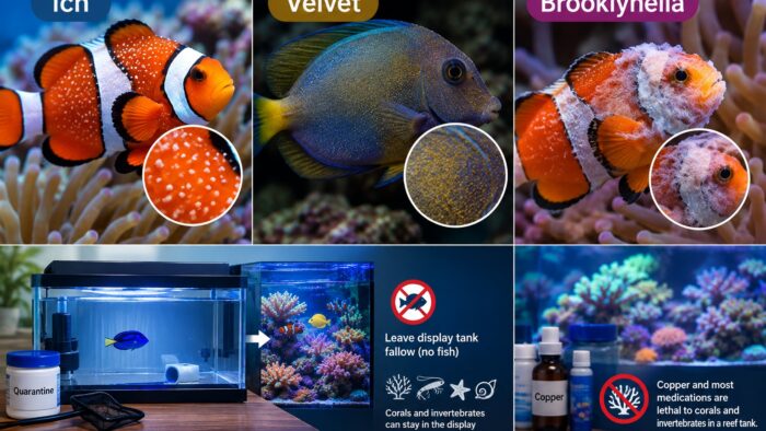 Marine fish showing symptoms of ich, velvet, and Brooklynella in a reef aquarium