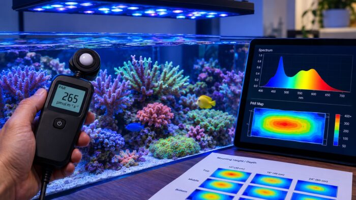 Reef tank lighting with PAR meter measuring coral light levels under LED reef lights